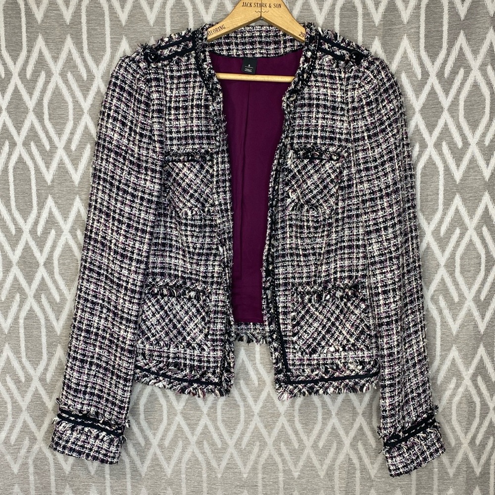 WHBM Open Front Jacket w/ Blk Chain Details & Fringe Cropped Style Size: 8
